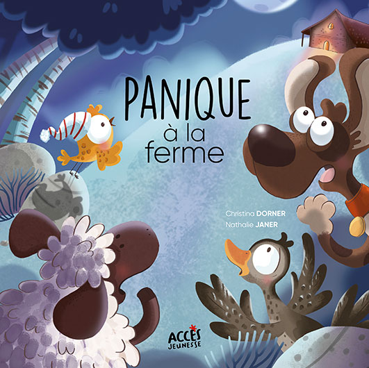 Couverture du livre jeunesse Panique à la ferme d'Accès Jeunesse illustrée par des animaux apeurés regardant une ferme durant la nuit.